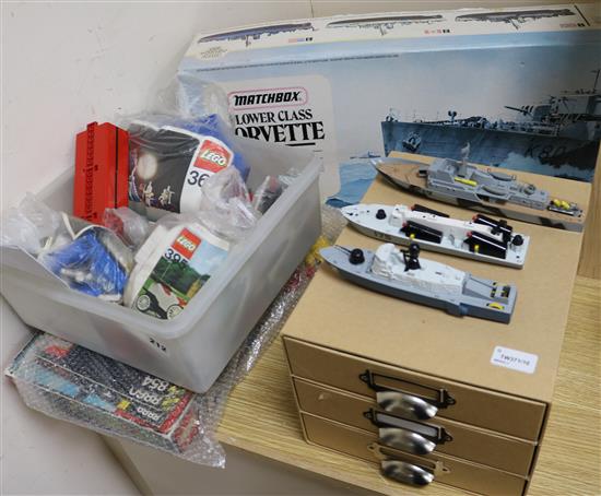A Corgi 1:72 scale PK-901 Flower Class Corvette, boxed, three Dinky Naval ships and sundry models,